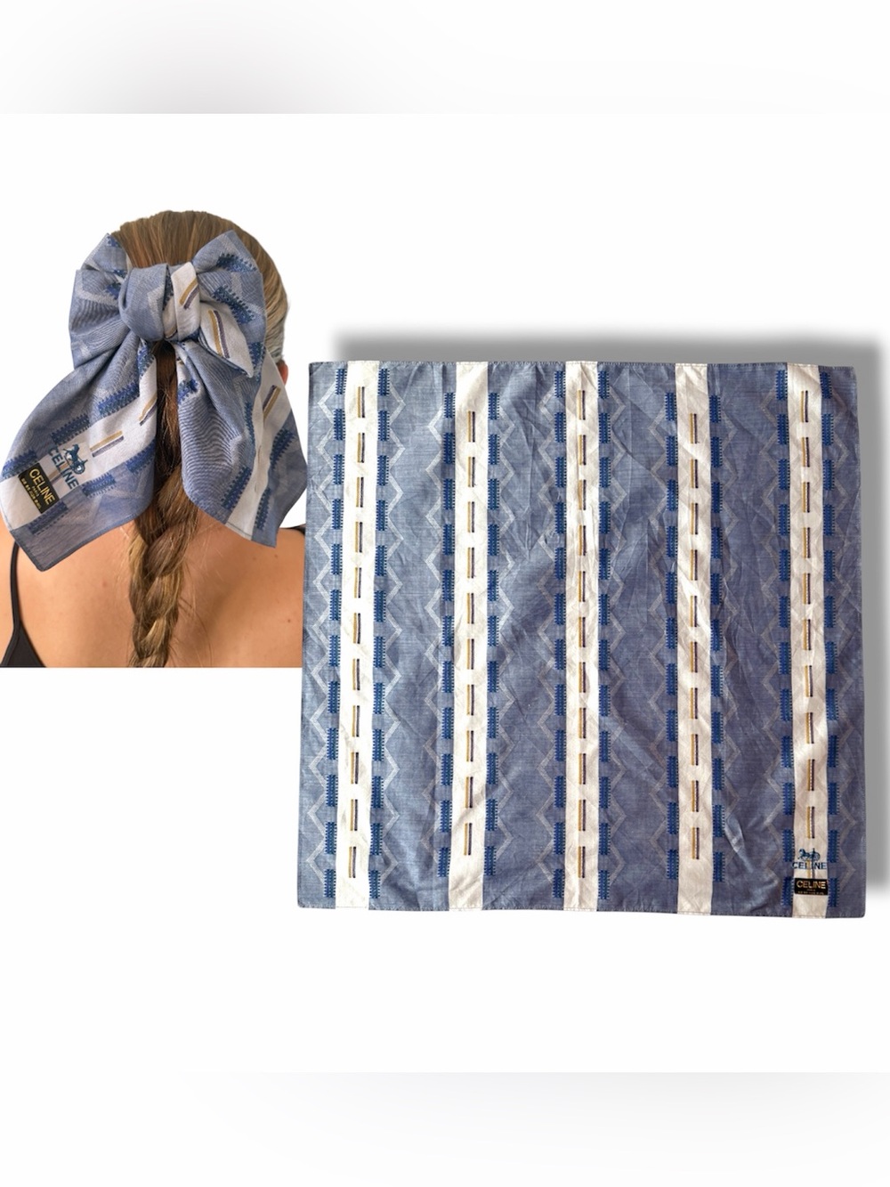 Celine Blue White Striped Silk Hair Bow Scarf Bandana Neckerchief Bag Accessory